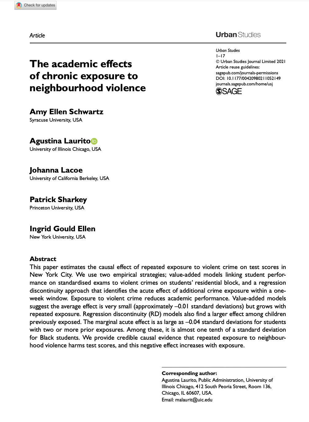 The Academic Effects of Chronic Exposure to Neighborhood Violence - NYU ...