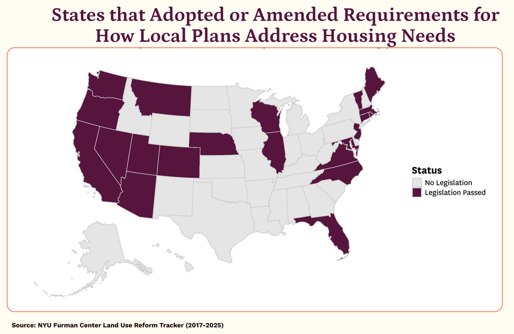 Map of states that have adopted or amended requirements for how local plans address housing needs